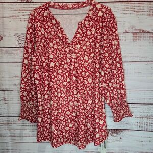 Lomon Red Cream Floral Print Long Sleeve V Neck Smocked Cuff NEW Women's Size L